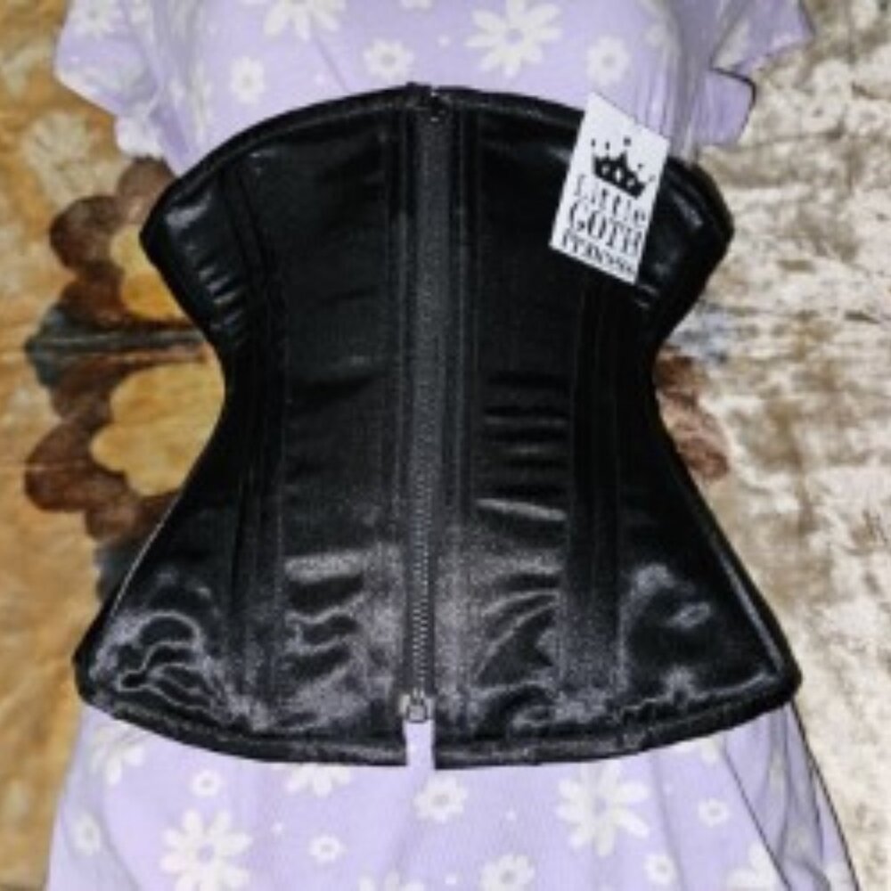 NWT 1022 XS/20" BLACK SILK HANDMADE ZIPPER CORSET 6 GARTER TABS TIGHT LACING